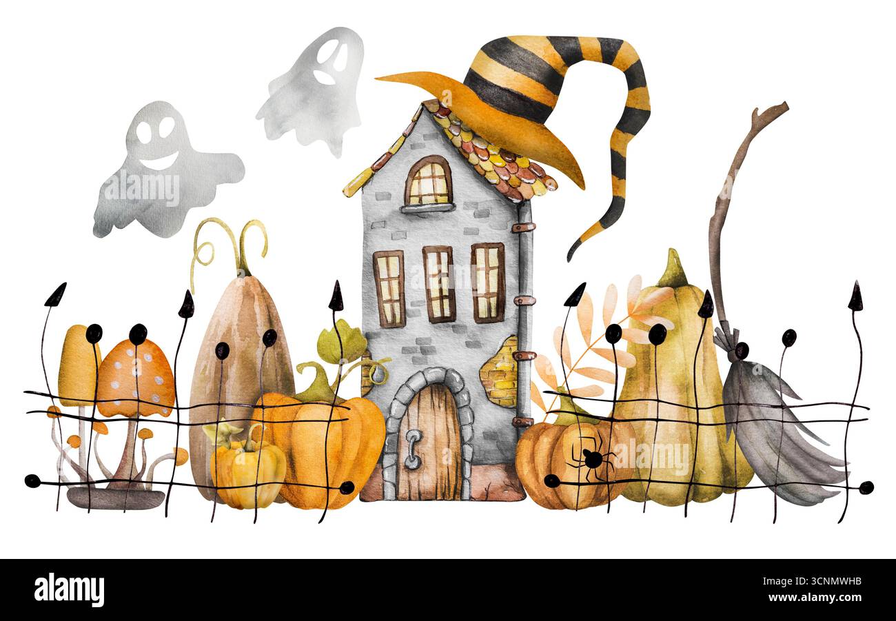 Illustrazione del tema Halloween con i fantasmi delle zucche della casa e l'acquerello fatto a mano Foto Stock