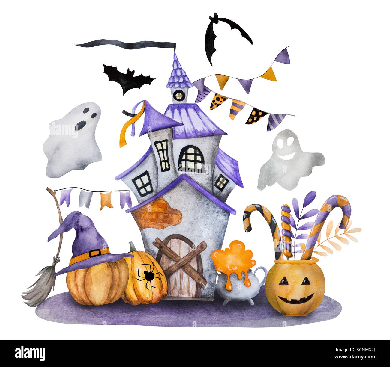 Acquerello fatto a mano di Una scena di Halloween con i fantasmi della Casa della Strega, la scopa e le zucche Foto Stock