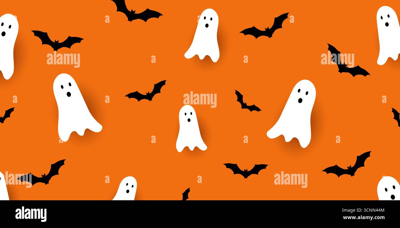 Striscione di Halloween con pipistrelli e simpatici disegni fantasmi Illustrazione Vettoriale