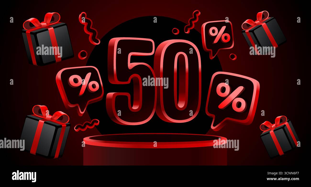 Black Friday 50%, offerta speciale, volantino con sconti. Vettore Illustrazione Vettoriale