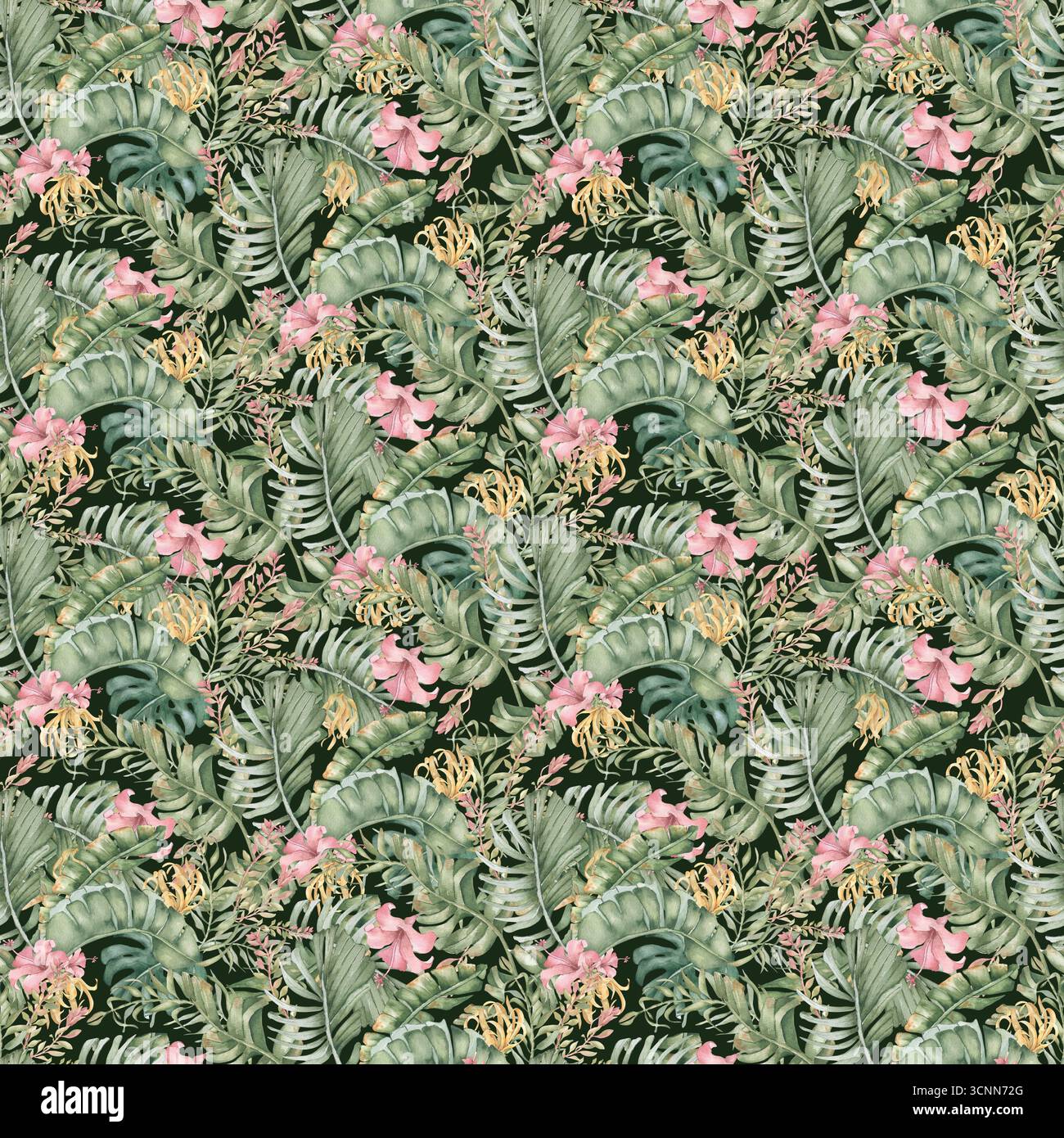 Spiaggia botanica dal design senza cuciture isolata al buio. Foglie tropicali e fiori in colori delicati dipinti a mano. Stampa tropicale per tessuti da spiaggia e. Foto Stock