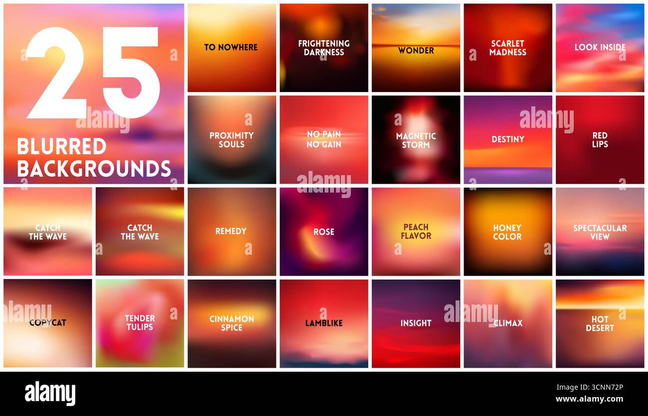 GRANDE set di 25 sfondi quadrati sfocati in rosso scuro. Con varie citazioni. Tramonto e alba cielo marino sfondo blu sfocato Illustrazione Vettoriale