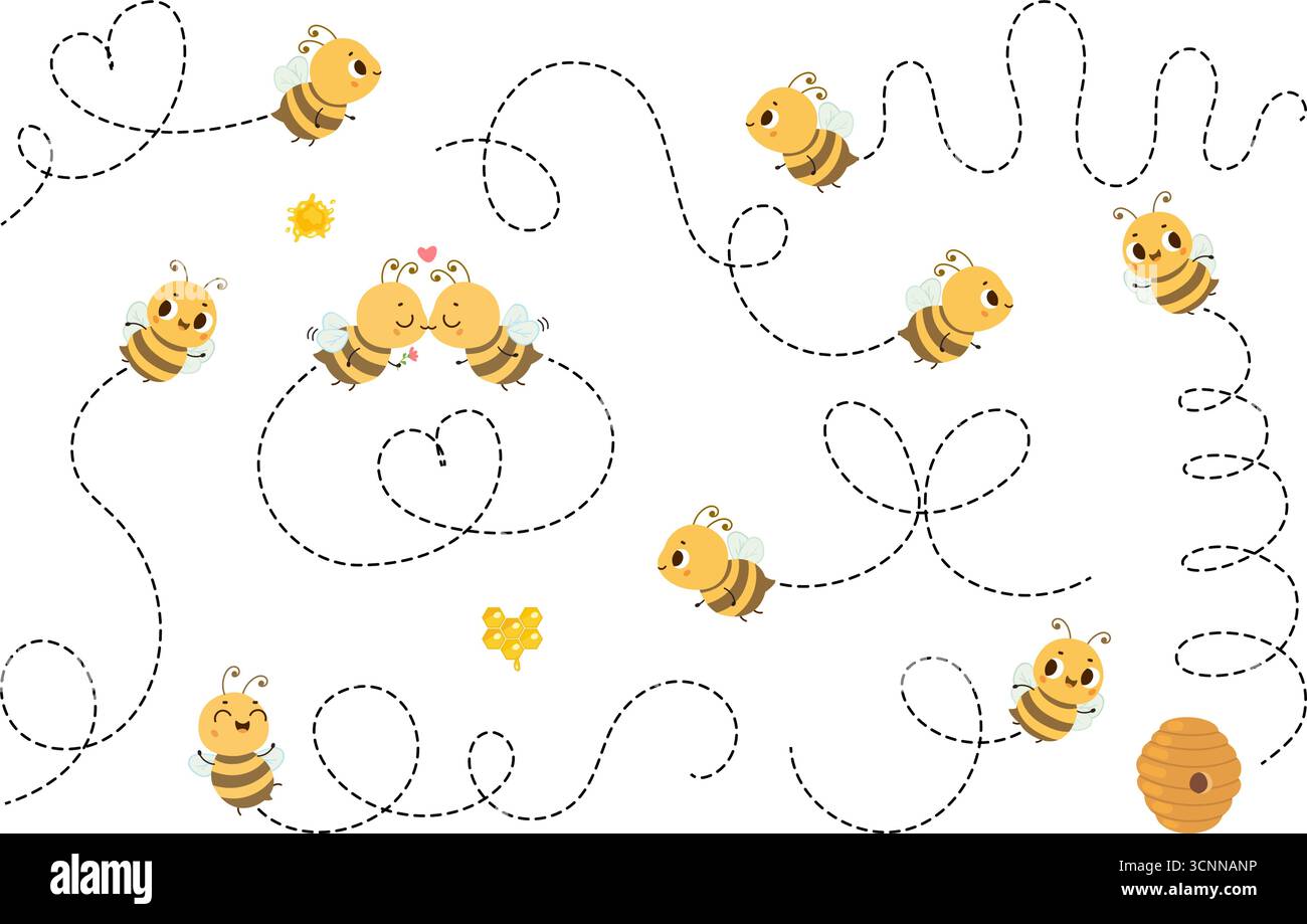 Ape volante con percorso. Tratteggiato percorre varie forme con graziose api cartoni animati. Vola via o via per l'alveare. Percorsi di volo diversi, vettoriale di nowaday impostato ori Illustrazione Vettoriale