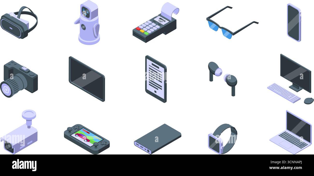 Gadget elettronici isometrici. EBook tablet laptop smartphone fotocamera cvr orologio intelligente. Grazioso robot android 3D. Dispositivi tecnologici, originali vettoriali Illustrazione Vettoriale