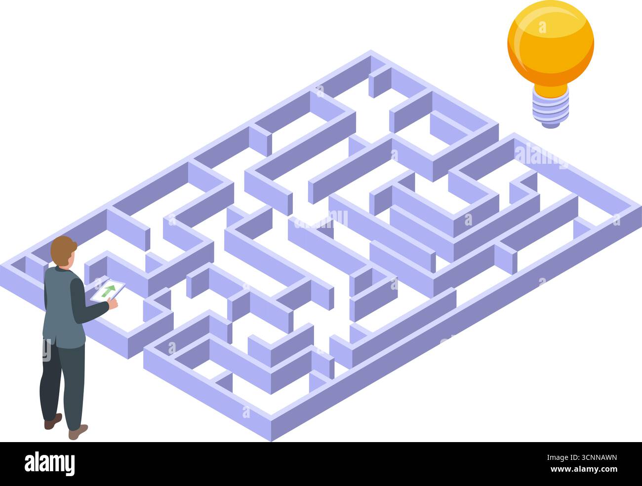 Labirinto di affari isometrico. Idee per la ricerca di caratteri di ufficio. labirinto 3d, lampadina gialla gigante. Un uomo d'affari che cerca una soluzione, conc. Vettoriale ingegnoso Illustrazione Vettoriale