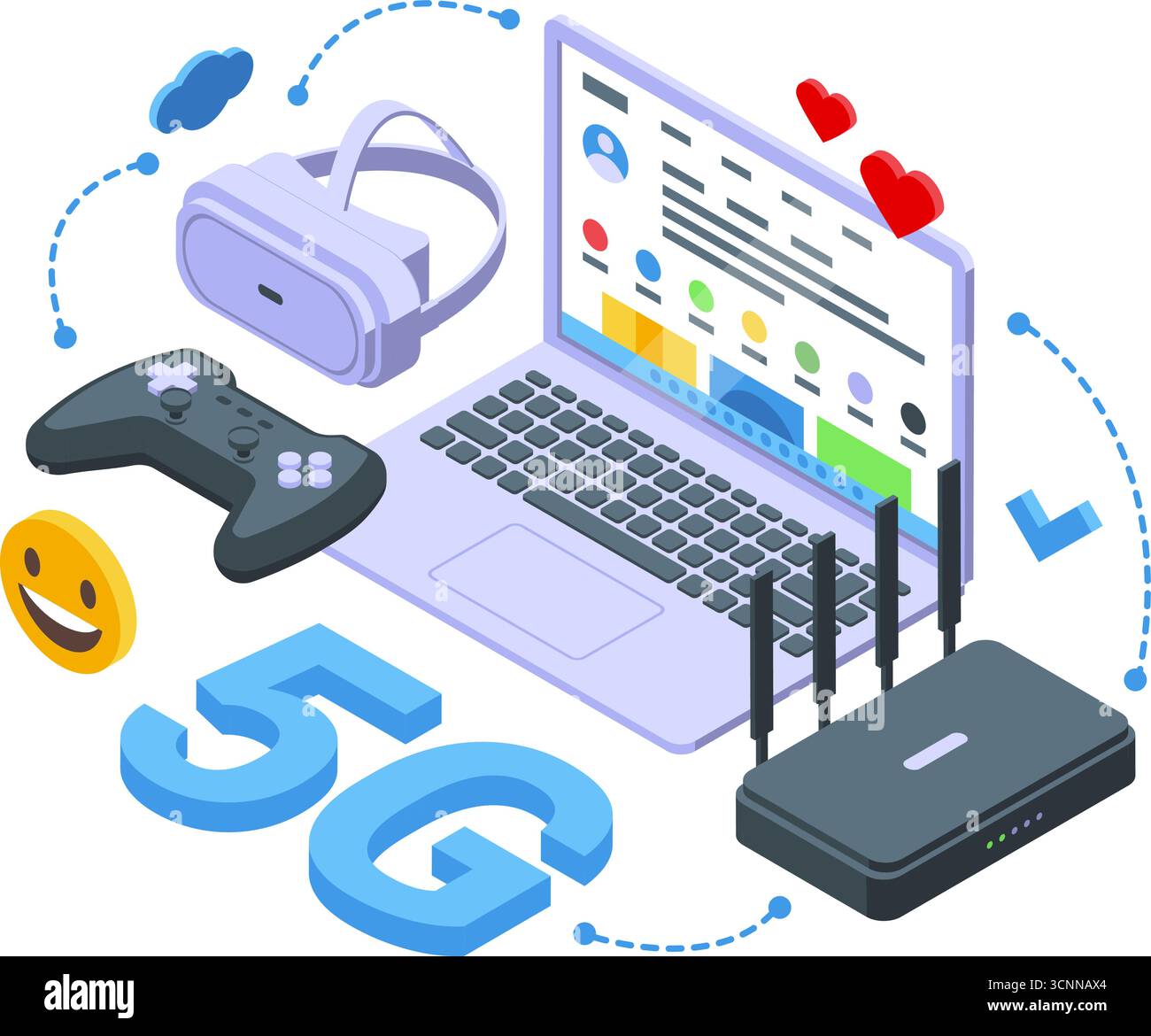tecnologia internet 5g. Rete globale, un account utente per giocare su laptop e console di gioco o casco ai. Hotspot a banda larga wi-fi nifty Vector scen Illustrazione Vettoriale