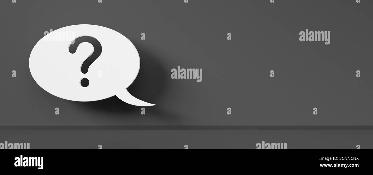 Singola bolla bianca con punto interrogativo su sfondo grigio scuro della stanza con spazio di copia, idea, soluzione o domanda o comunicazione aziendale Foto Stock