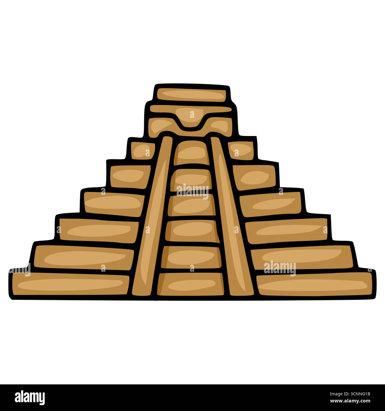 Un'illustrazione vettoriale di una piramide Maya stilizzata che presenta un design cartoni animati semplificato con contorni audaci e un paletto di colore marrone caldo e terroso Illustrazione Vettoriale