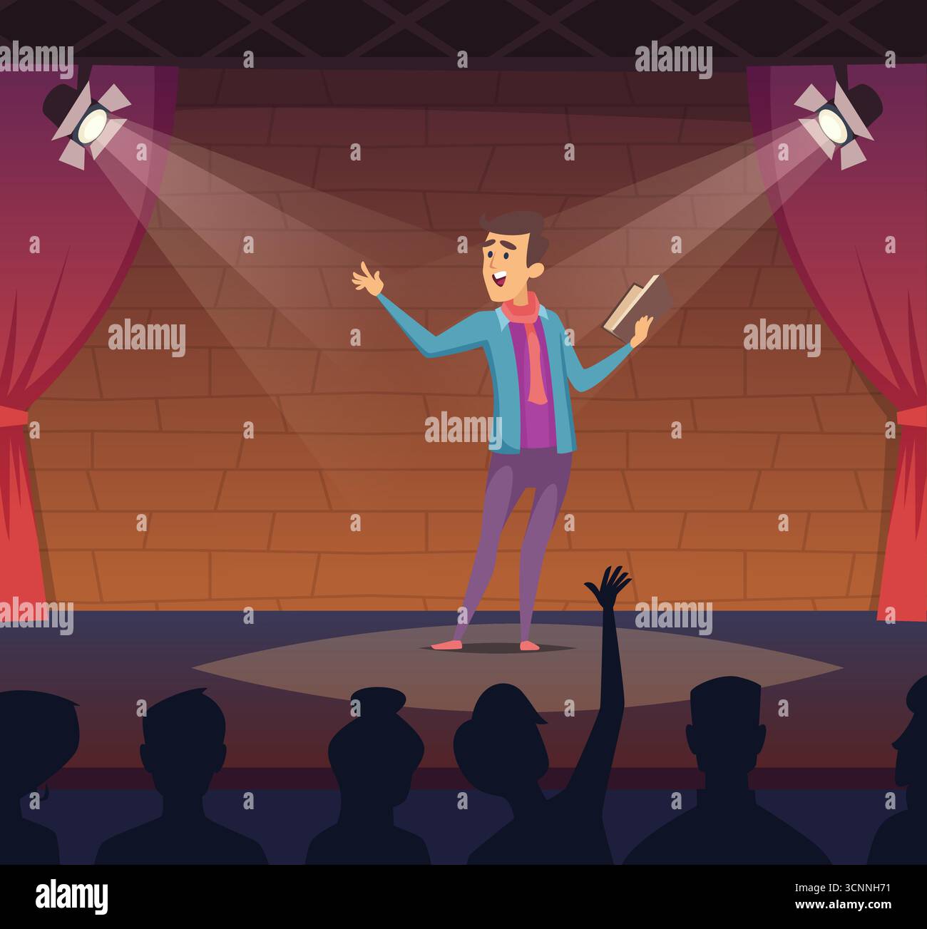 Commedia di stallo. uomo in piedi sul palco nel club e leggendo poesie opere d'arte originali Illustrazione Vettoriale