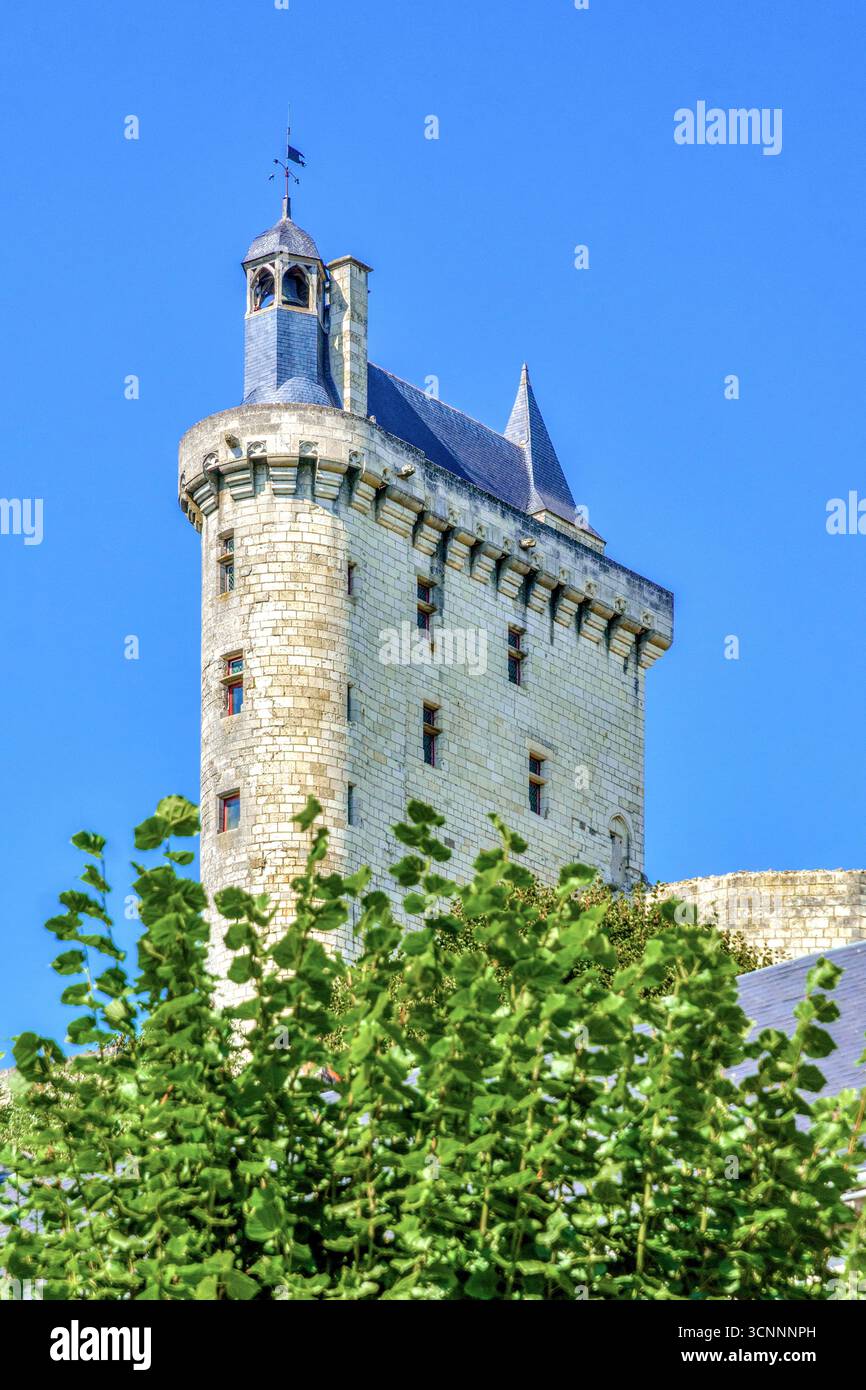 La tour de l'Horloge (Torre dell'Orologio) del XIV secolo presso il Castello reale di Chinon, Indre-et-Loire (37), Francia. Foto Stock