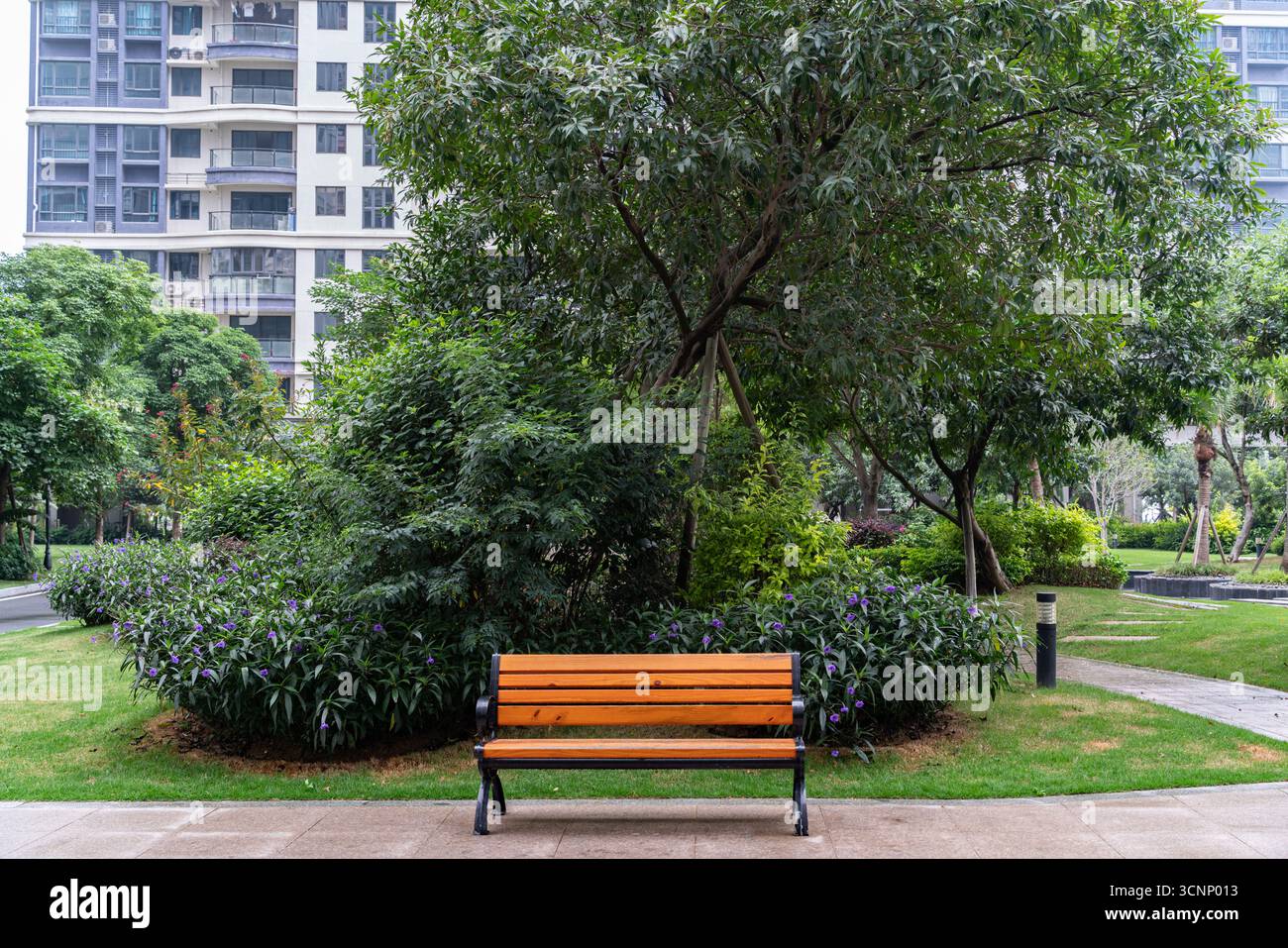 Panca in legno in un parco cittadino con vegetazione e appartamenti - West Lake a Huizhou, provincia del Guangdong, Cina, è un'attrazione turistica caratterizzata da un'architettura antica Foto Stock