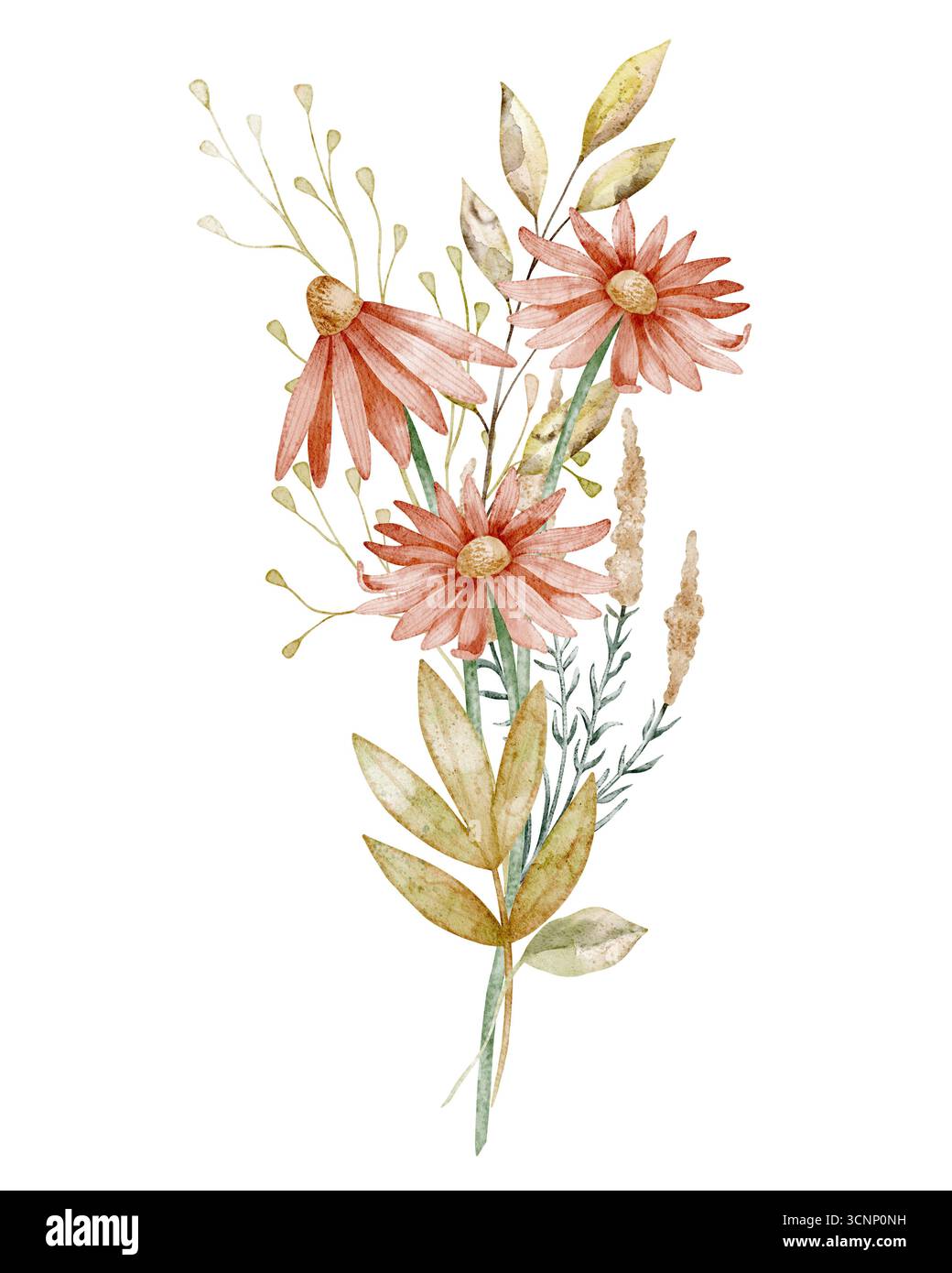 Bouquet di acquerelli con fiori di echinacea e vegetazione che formano una disposizione floreale. Illustrazione botanica con foglie per biglietti d'auguri stagionali o inviti di nozze. Arte floreale per poster. Foto Stock