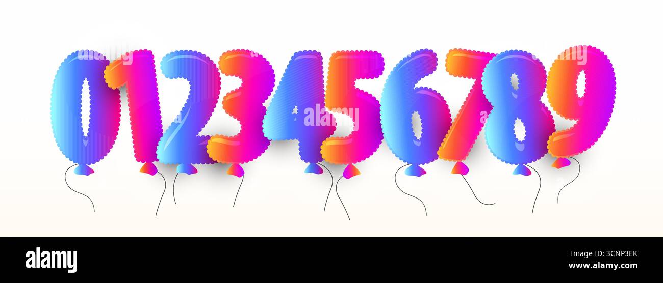 Numeri palloncini, lamina lucida gradiente cifre 0,1,2,3,4,5,6,7,8,9 per il design celebrativo. Set divertente per compleanno, anniversario, inviti alla festa, bambini Illustrazione Vettoriale