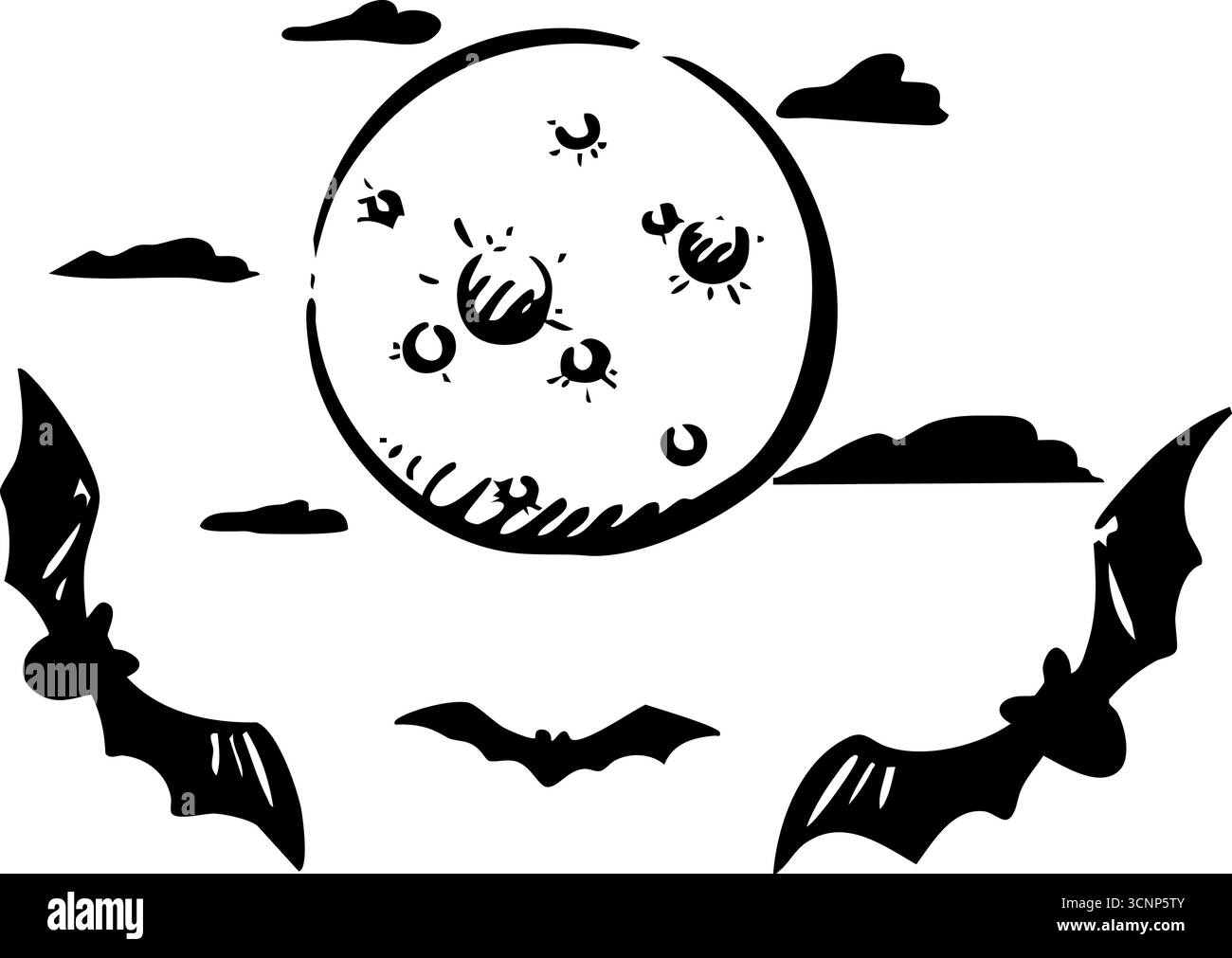 Una spaventosa illustrazione di pipistrelli che volano sotto una luna piena con nuvole scure, ideale per i temi di Halloween Foto Stock