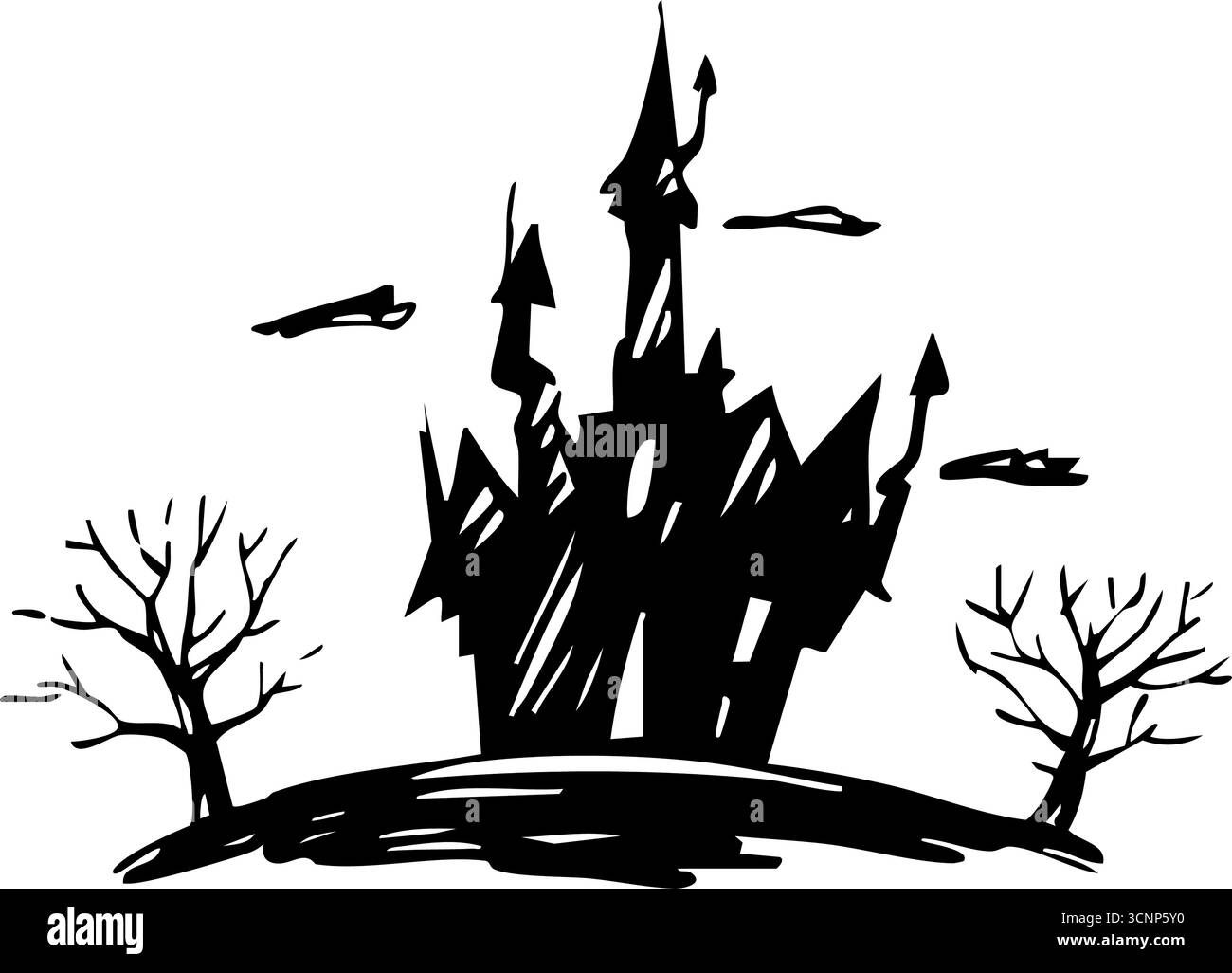 Una spaventosa silhouette di un castello gotico adagiato sulla cima di una collina con alberi inquietanti, perfetto per i temi di Halloween. Foto Stock