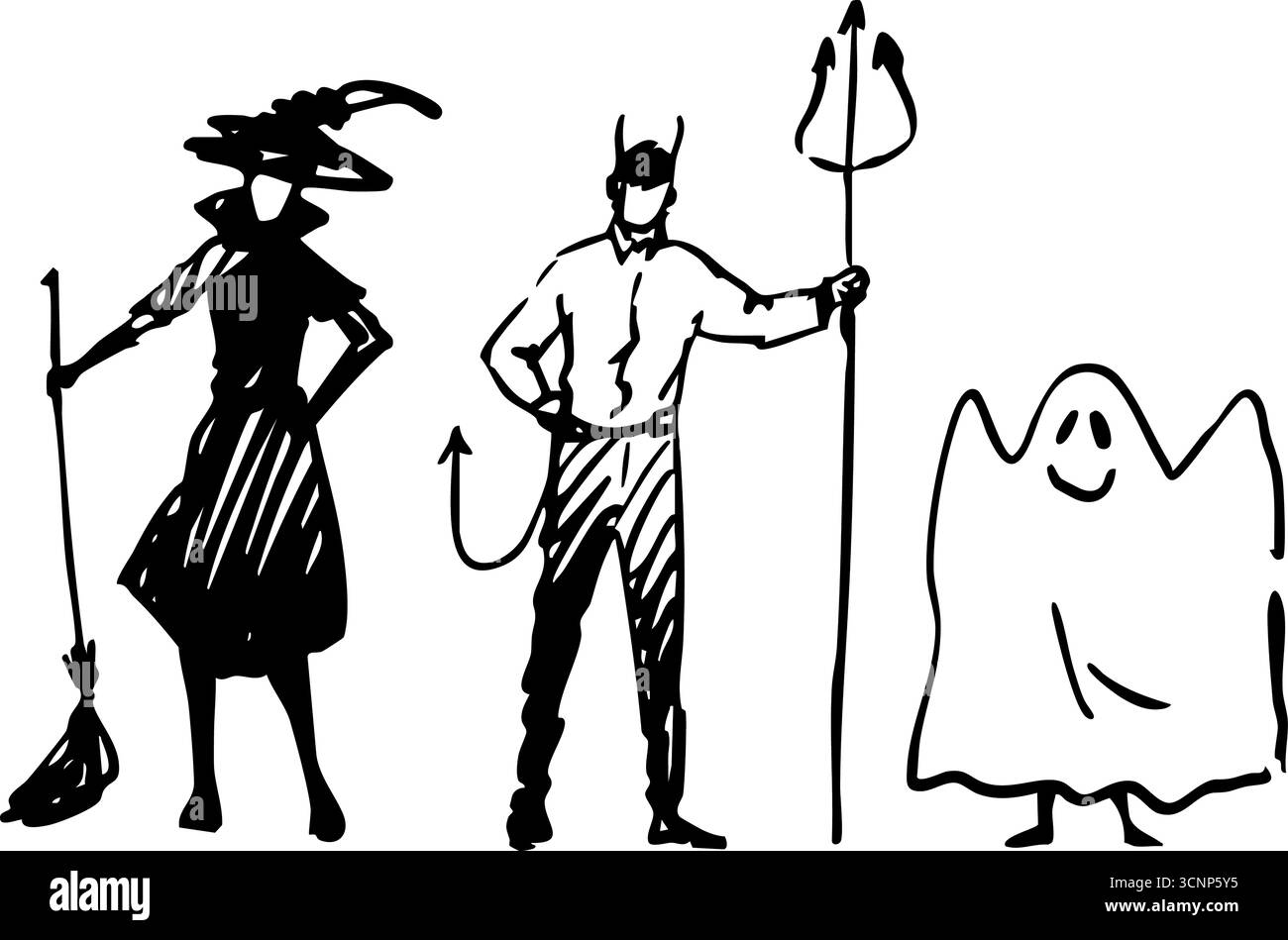 Uno schizzo creativo e fantasioso con personaggi iconici di Halloweens, una strega, un diavolo e un fantasma amichevole Foto Stock