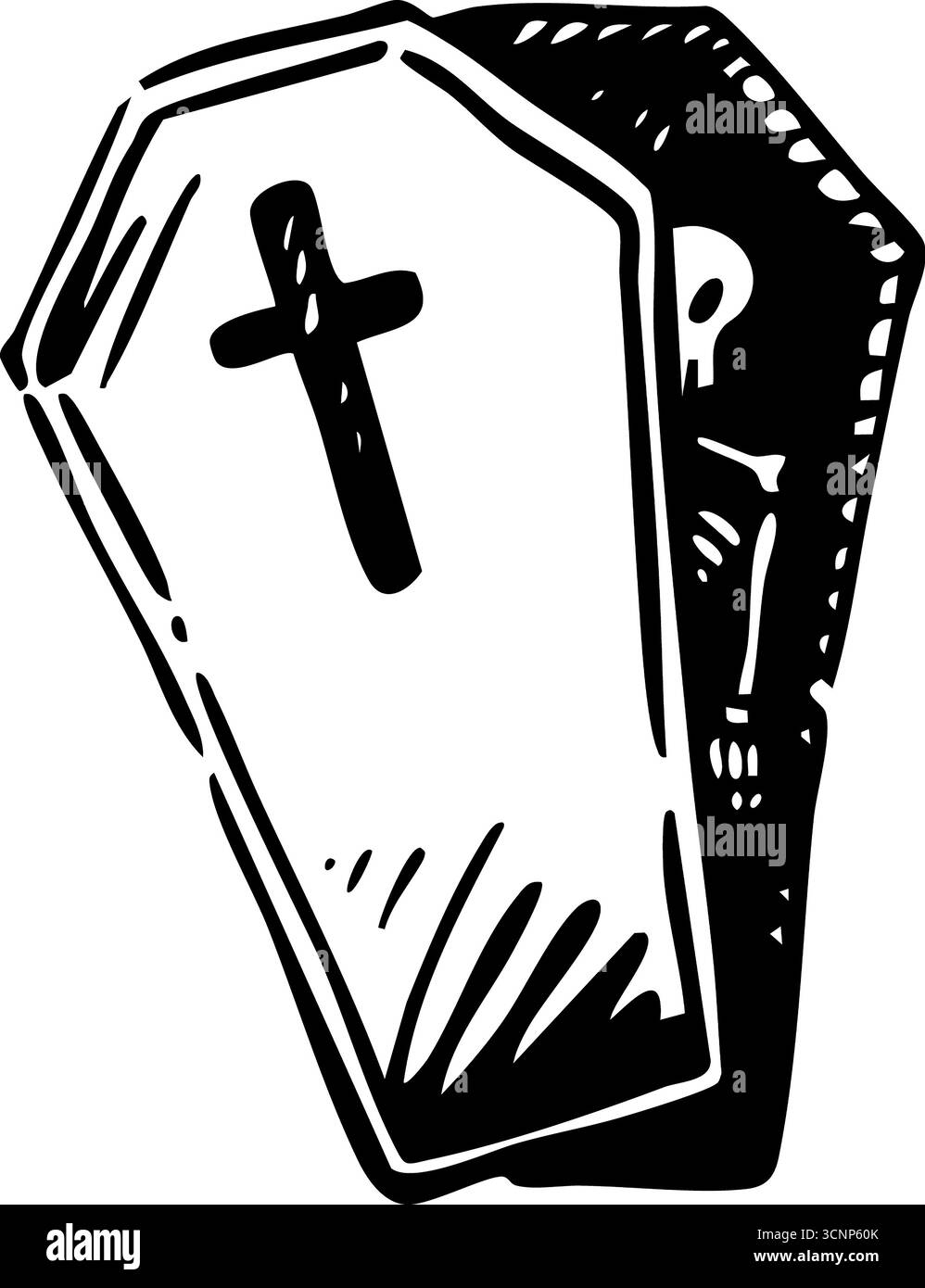 Un'illustrazione che mostra una bara adornata da una croce accanto a uno scheletro, ideale per eventi a tema Halloween Foto Stock
