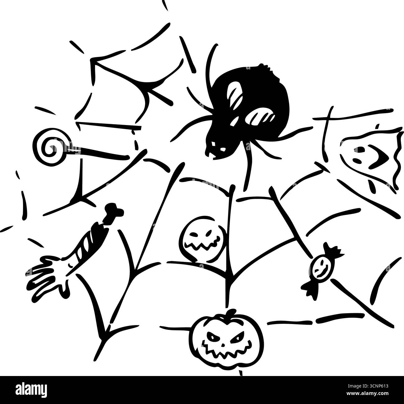 Un'illustrazione giocosa di una ragnatela con dolcetti di Halloween e decorazioni spaventose per un'atmosfera festosa Foto Stock