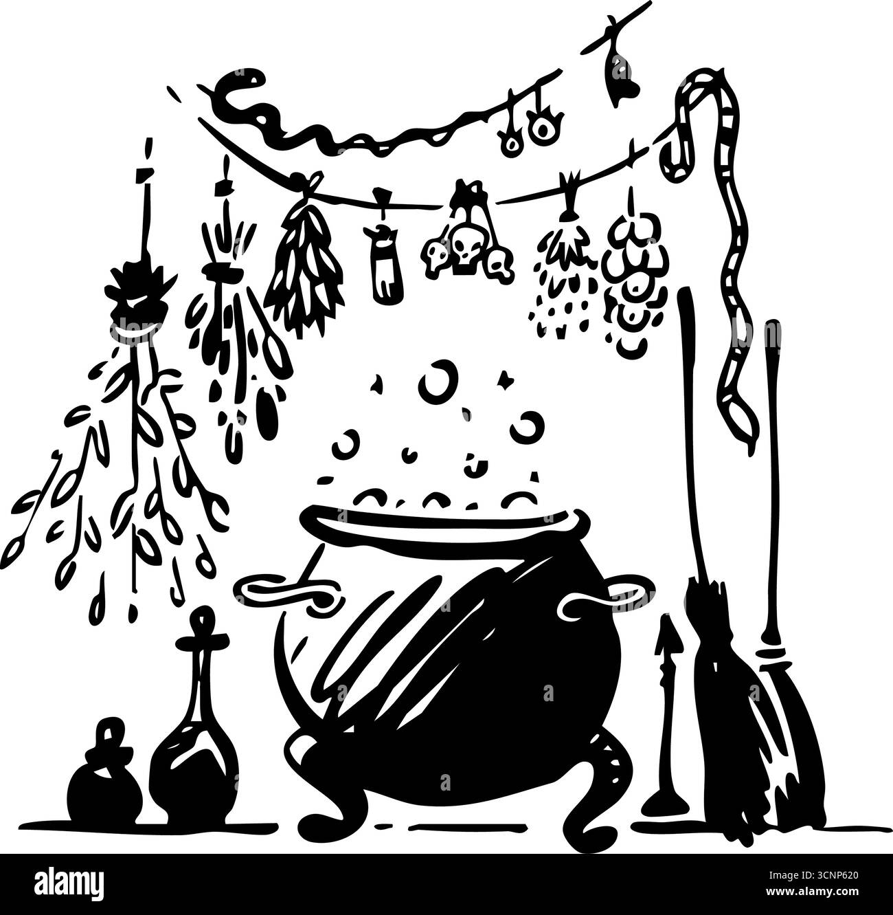Questa scena incantevole con calderone gorgogliante, erbe aromatiche e bottiglie di pozione è perfetta per l'arredamento di Halloween Foto Stock