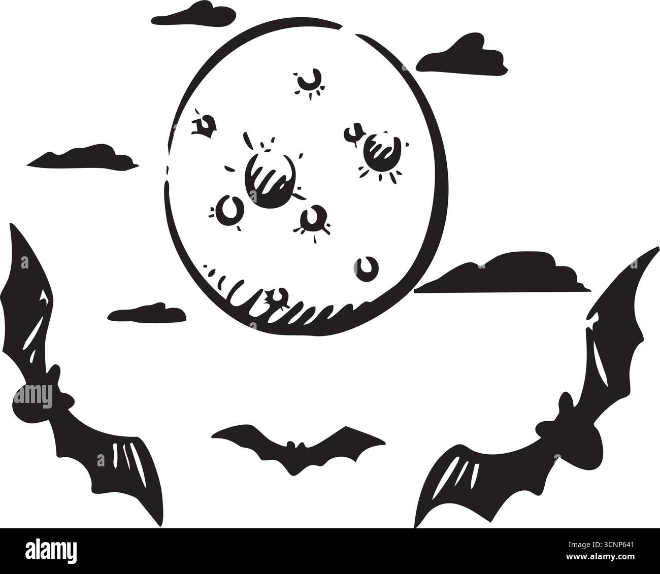 Notte spettrale un'illustrazione con pipistrelli e luna piena in un ambiente suggestivo Illustrazione Vettoriale