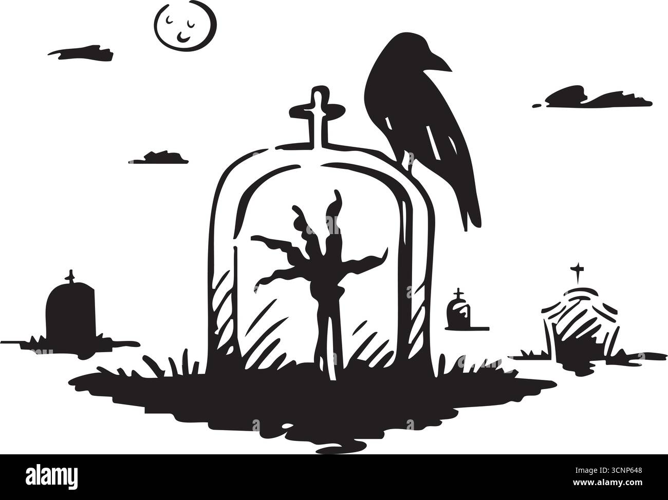 Una scena di cimitero inquietante e inquietante con un corvo tra pietre tombali antiche e ombre Illustrazione Vettoriale