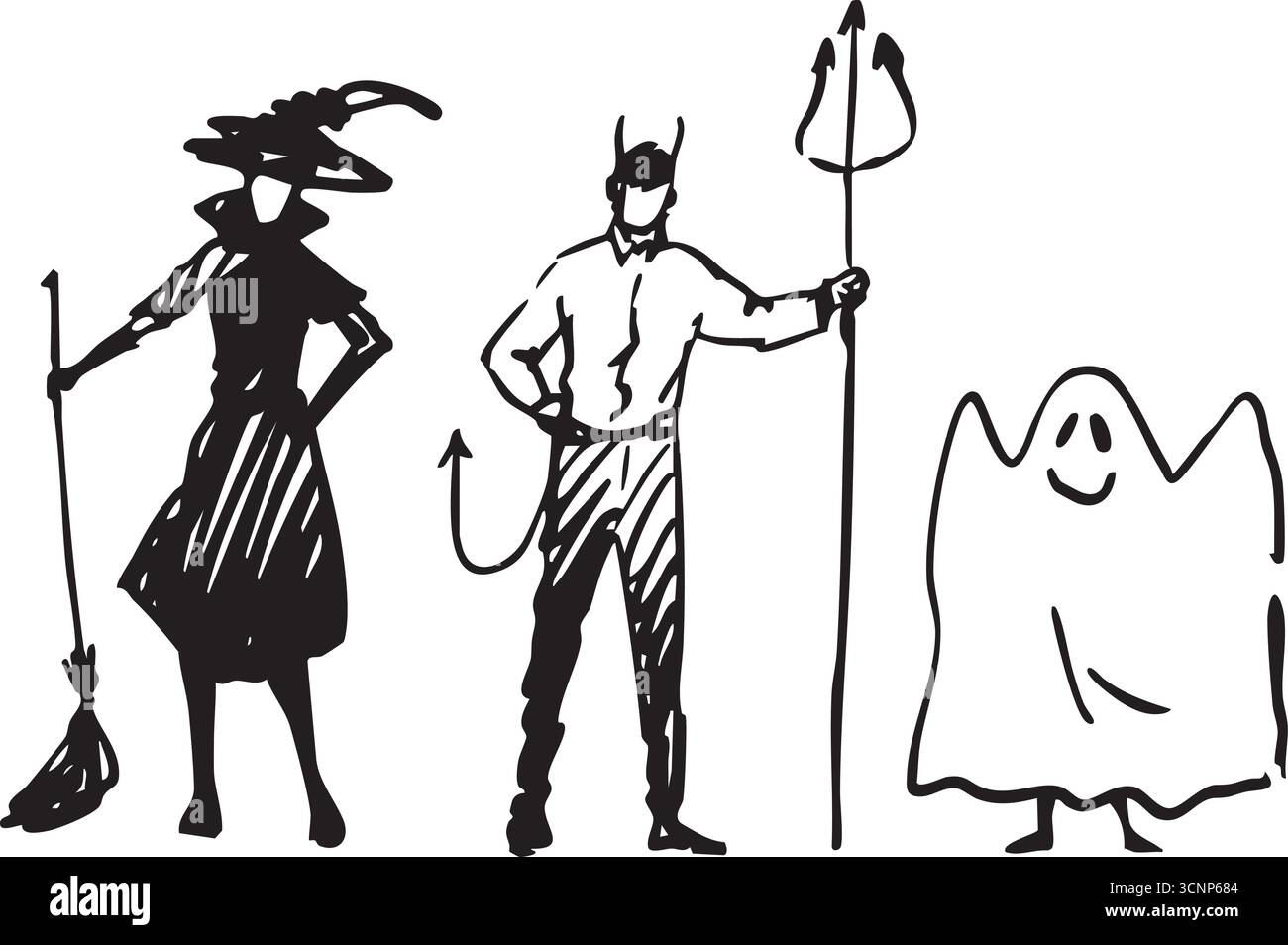 Viene creata un'illustrazione con i personaggi di Halloween Una strega, un diavolo e un fantasma Illustrazione Vettoriale