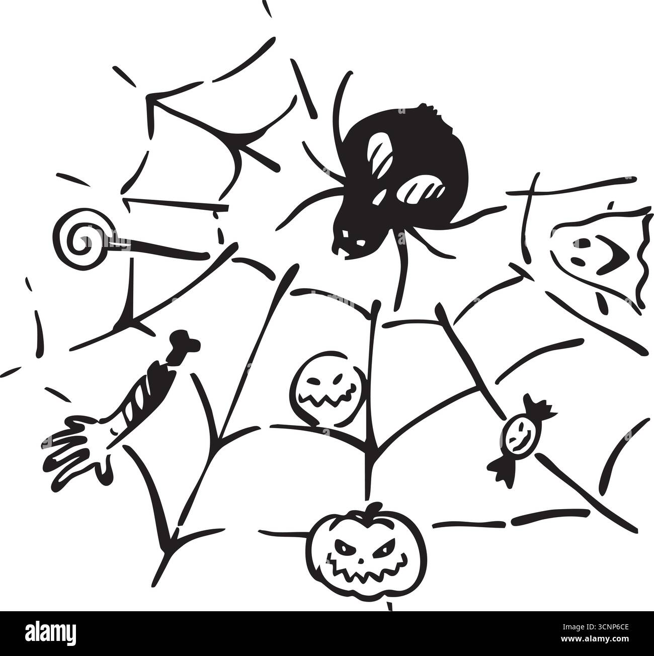 Un design a tema Spooky Halloweenthemed con una ragnatela adornata con caramelle e zucche Illustrazione Vettoriale