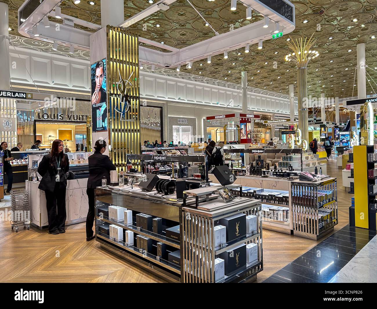 Aeroporto Roissy Charles-de-Gaulle, centro commerciale interno, negozi di lusso, frontali, esposizione, "Yves Saint Laurent", Cosmetics, (Kering Corporation) Foto Stock