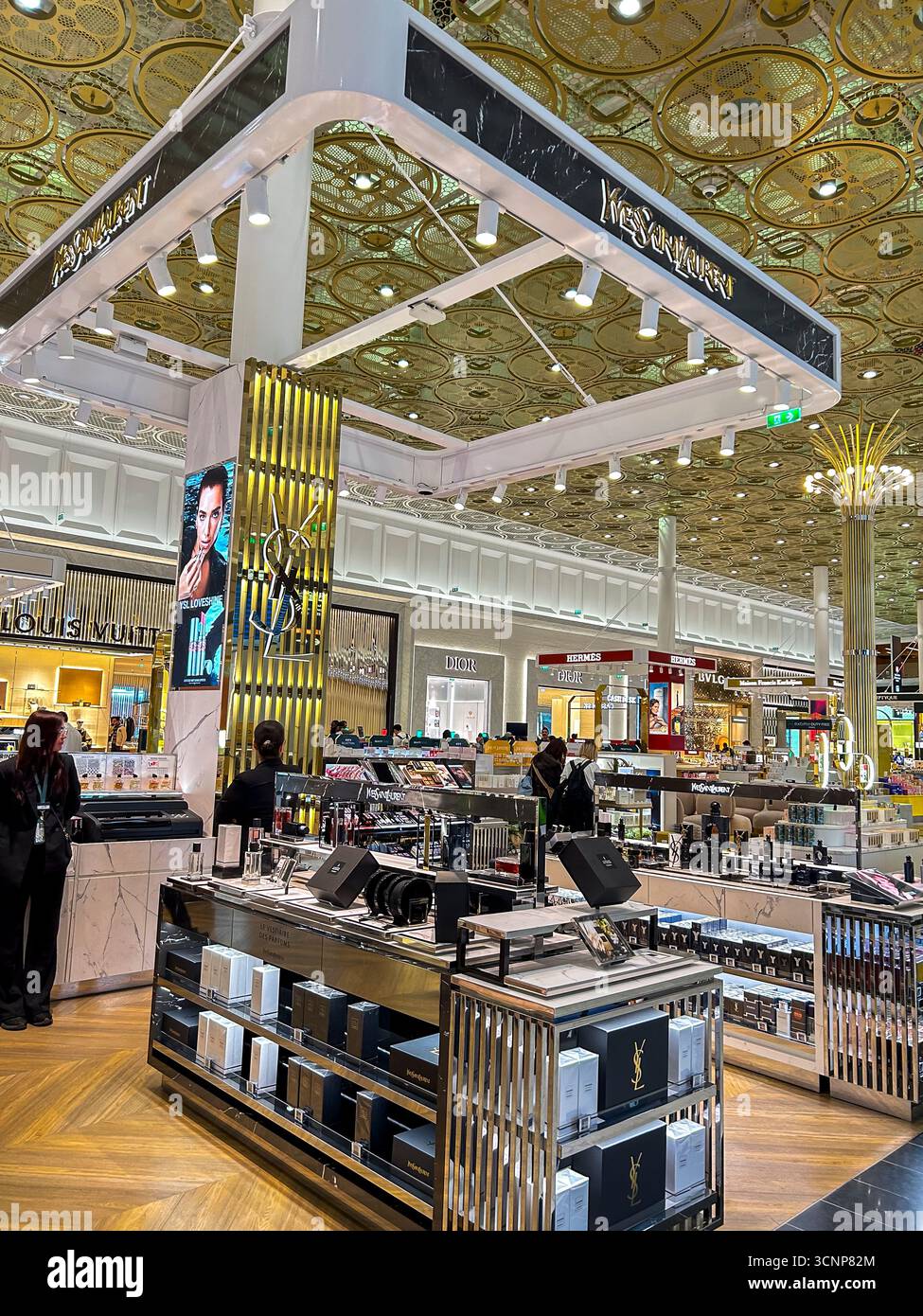 Aeroporto Roissy Charles-de-Gaulle, centro commerciale interno, negozi di lusso, frontali, esposizione, "Yves Saint Laurent", Cosmetics, (Kering Corporation) Foto Stock
