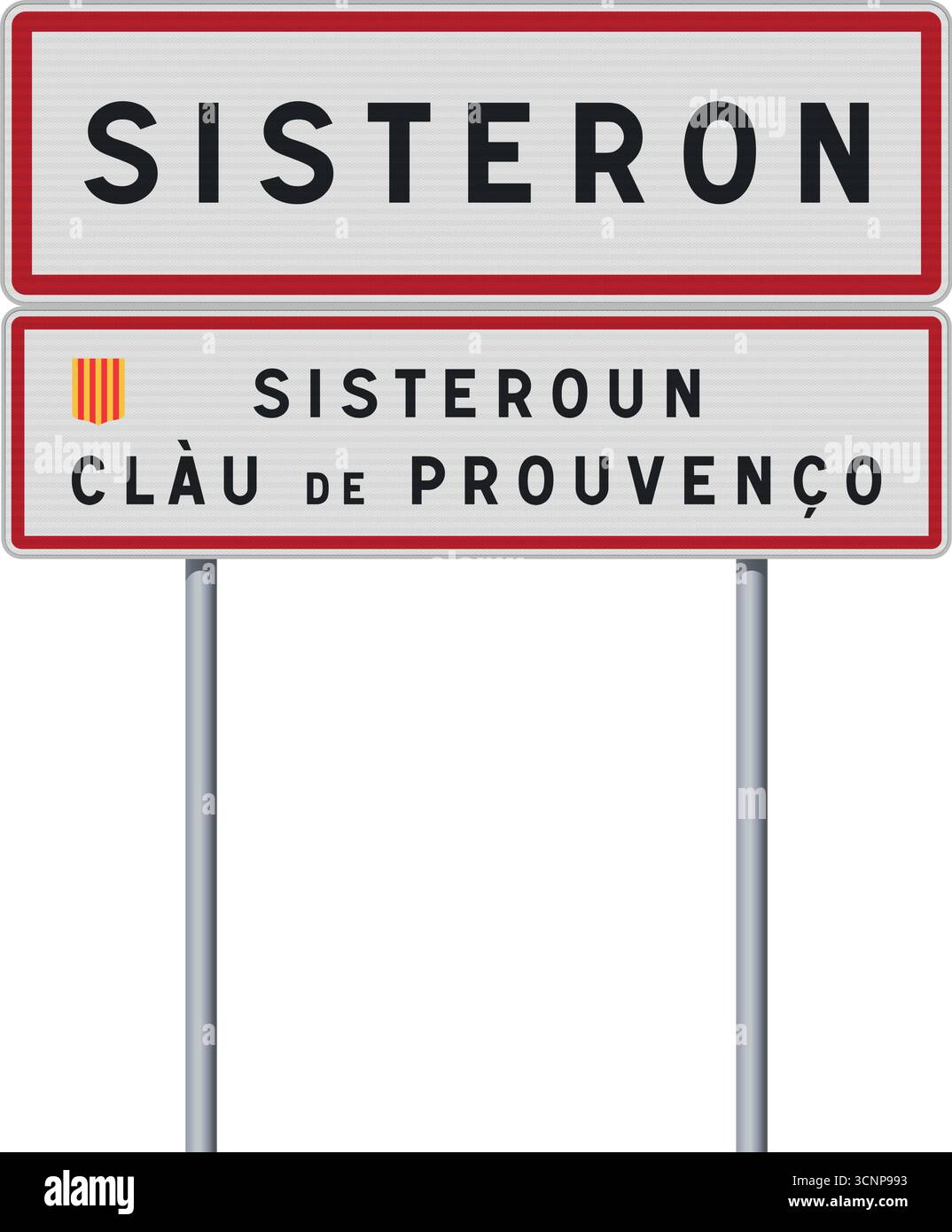Illustrazione vettoriale del cartello stradale di ingresso della città di Sisteron (Francia) su pali metallici Illustrazione Vettoriale