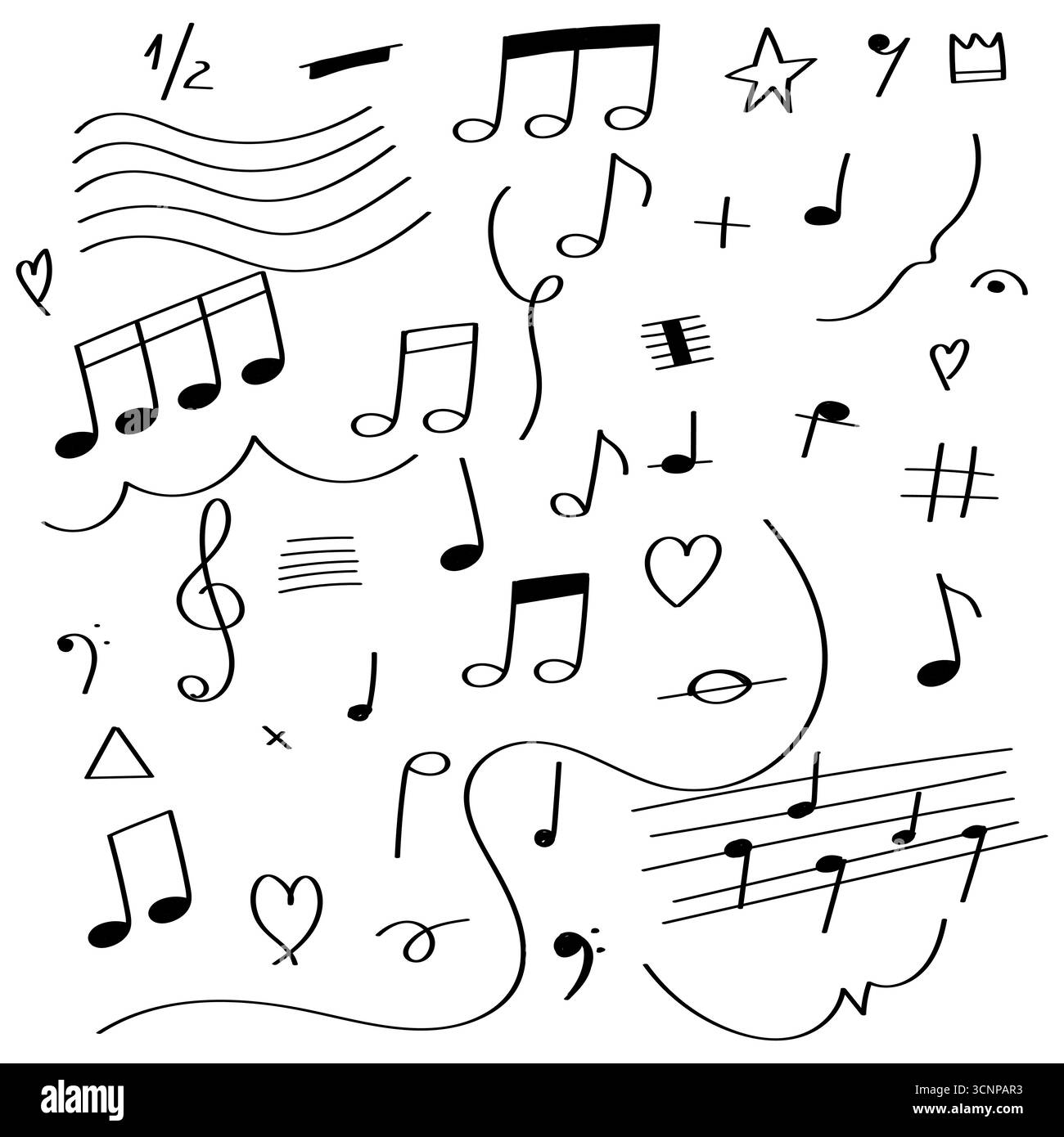 Set di illustrazioni vettoriali disegnate a mano con note musicali. Elementi del simbolo della melodia dello schizzo a mano libera. . Illustrazione Vettoriale
