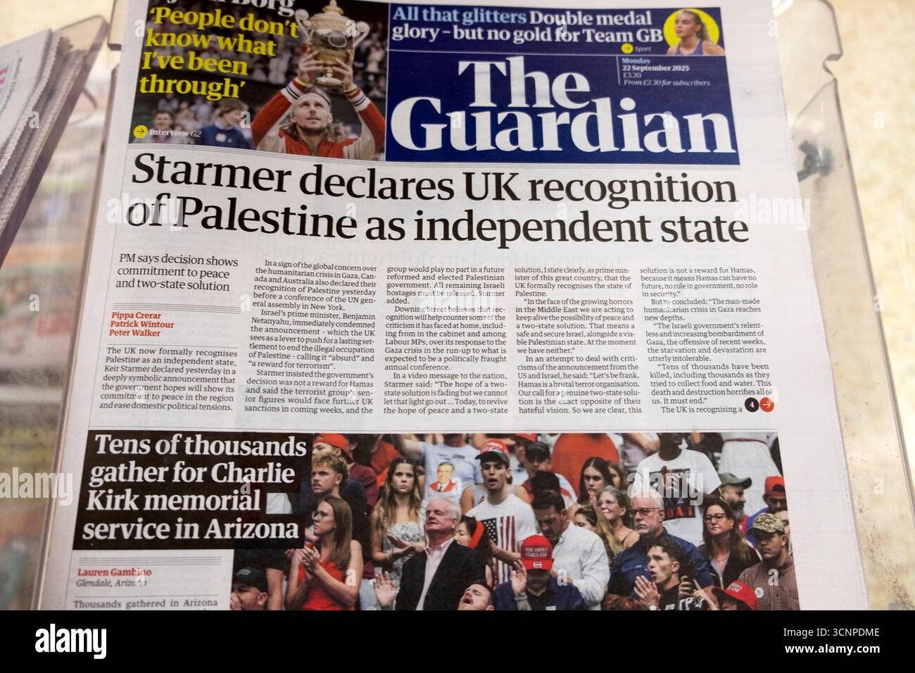 Keir "Starmer dichiara il riconoscimento britannico della Palestina come stato indipendente" testata del quotidiano Guardian prima pagina Israele guerra 22 settembre 2025 Londra Regno Unito Foto Stock