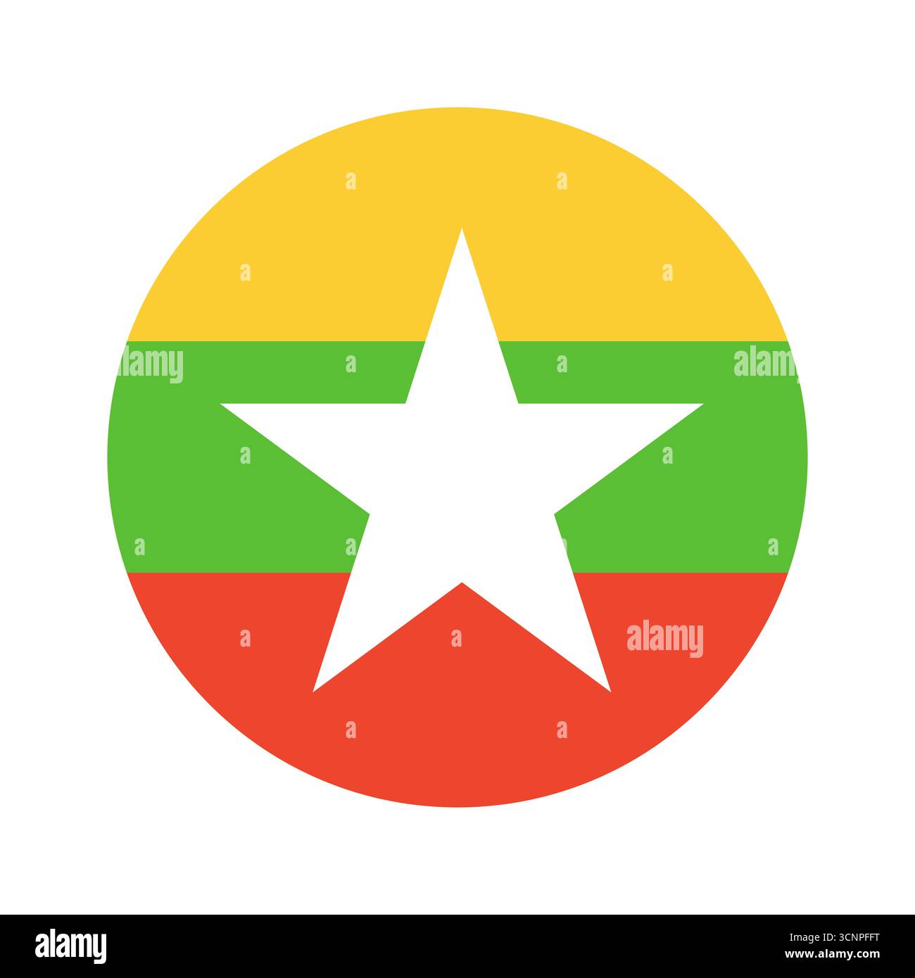Icona bandiera del Myanmar. Bandiera nazionale rotonda di sfondo Myanmar. Bandiera circolare del Myanmar. Pulsante semplice, distintivo bandiera Myanmar. Illustrazione Vettoriale