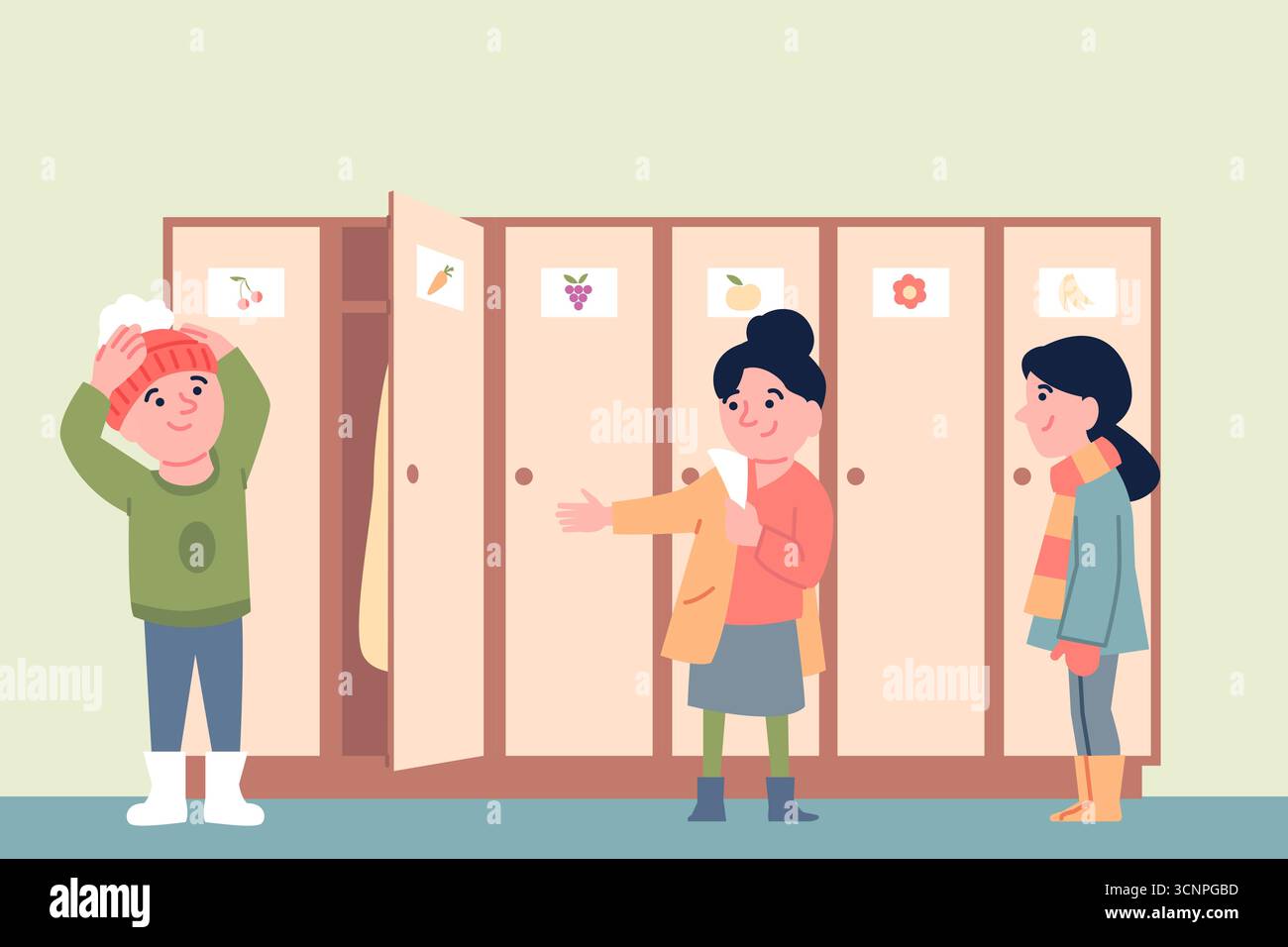 I bambini si vestono vicino agli armadietti. I bambini si spogliano all'asilo o alla scuola elementare, si vestono per camminare all'aperto, si appiattiscono le scene vettoriali recenti Illustrazione Vettoriale