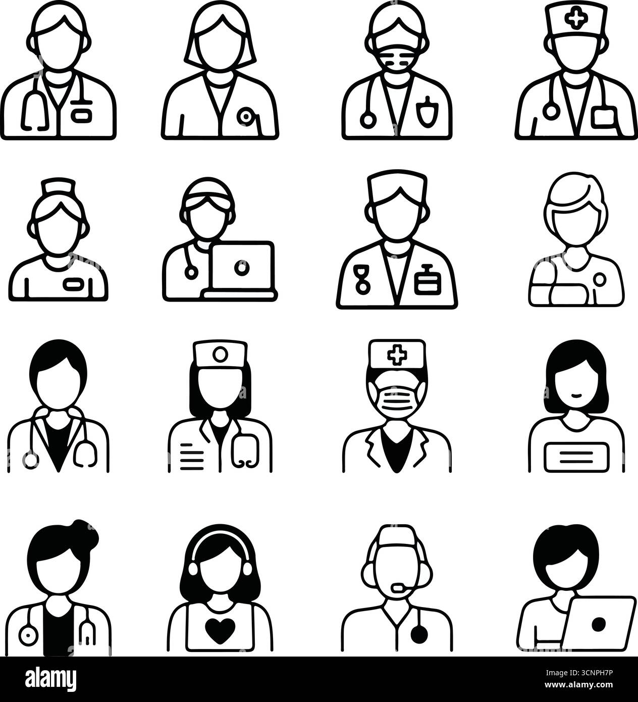 Set di icone medico e infermiere nelle illustrazioni disegnate a mano Illustrazione Vettoriale