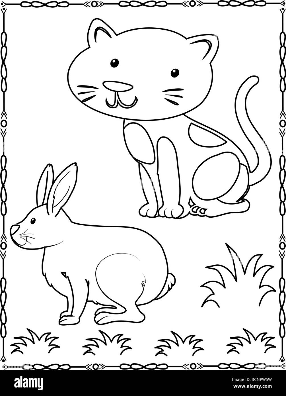 Disegno facile coniglio e gatto per bambini e bambini, colorazione disegno Pittura coniglio. Illustrazione Vettoriale