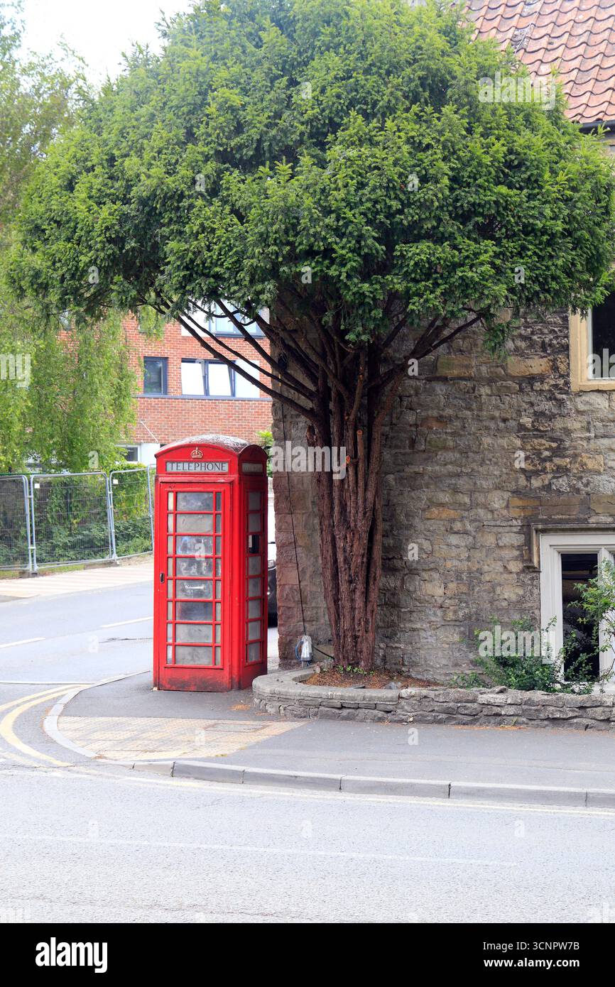 Vecchia cabina telefonica rossa, città di Keynsham, Somerset, Inghilterra occidentale. Data: Luglio 2025. Estate Foto Stock