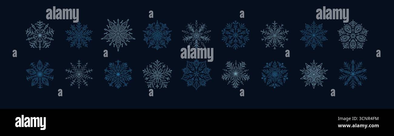 Set di bellissimi dettagli estetici disegnati a mano stravaganti fiocchi di neve blu e argento con sfondo scuro. Vigilia di Natale, cielo notturno di Capodanno. Illustrazione Vettoriale