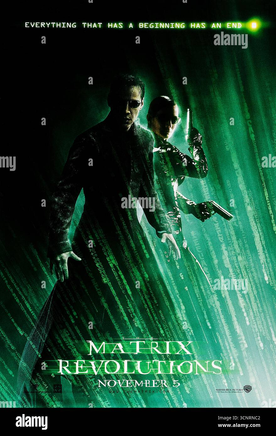 The Matrix Revolutions (2003) diretto da Lana Wachowski e Lilly Wachowski e interpretato da Keanu Reeves, Carrie-Anne Moss e Laurence Fishburne. La battaglia finale culminante tra umani e macchine si svolge mentre Neo affronta il suo destino finale. Fotografia di un poster originale del 2003 DA UTILIZZARE ESCLUSIVAMENTE PER L'EDITORIALE. Crediti: BFA / Warner Bros Foto Stock