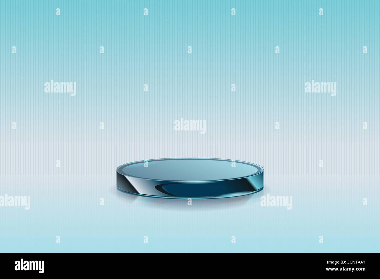 Podio in vetro trasparente con oggetti decorativi blu. Stand per mostrare i prodotti con spazio di copia. Piedistallo in una scena futuristica e pulita. Dimensione striscione Illustrazione Vettoriale