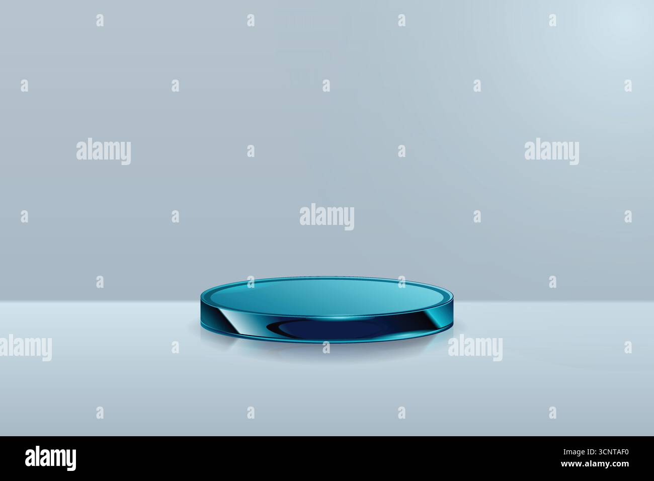 Podio in vetro trasparente con oggetti artistici astratti. Stand per mostrare i prodotti con spazio di copia. Dimensione striscione. Modello di copertina del sito Web. Rendering 3D. Illustrazione Vettoriale