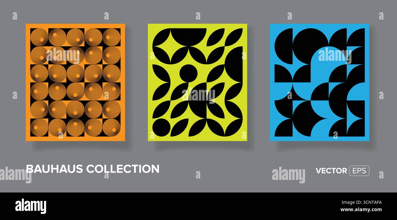 Sfondi di motivo geometrico bauhaus astratto impostati per testo, design geometrici minimalisti con forme ed elementi semplici Illustrazione Vettoriale