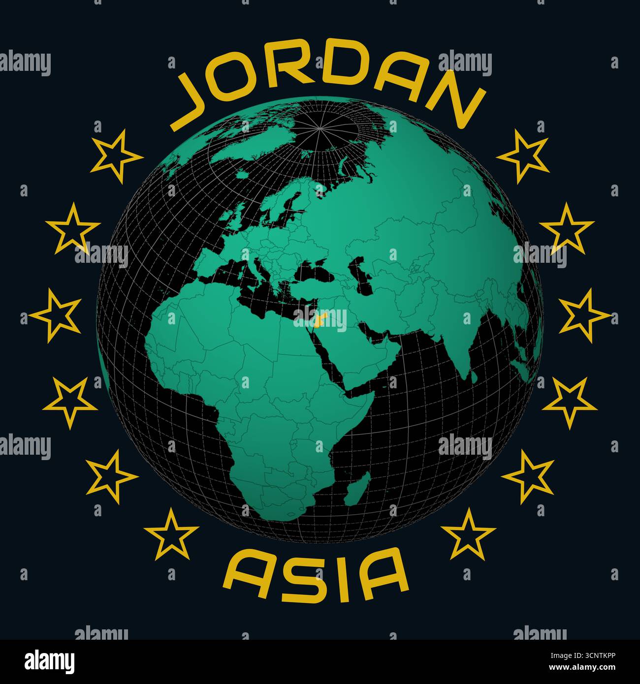Regno hascemita di Giordania su Globe. Arrotondare il testo del nome del paese e del continente. Vista paese sulla mappa del mondo con tavolozza dei colori Black Emerald. Illustrazione Vettoriale