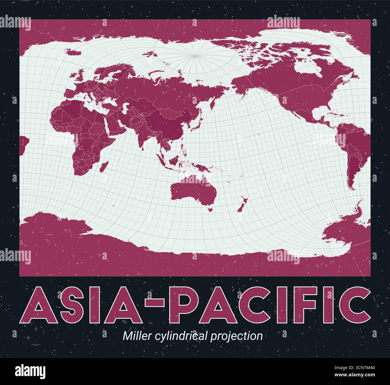 Asia-Pacifico. Mappa del mondo. Proiezione cilindrica Miller centrata sull'Asia-Pacifico. Pallido Mint Dark Pink (Rosa scuro). Texture vintage. Illustrazione Vettoriale