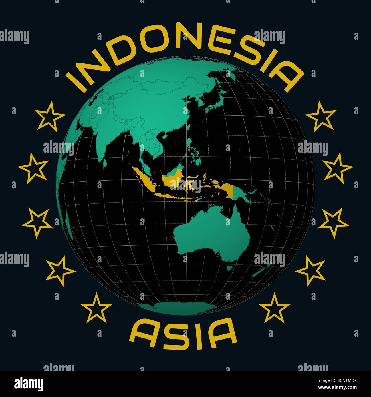 Indonesia su Globe. Arrotondare il testo del nome del paese e del continente. Vista paese sulla mappa del mondo con tavolozza dei colori Black Emerald. Forma Indonesia sulla mappa. Illustrazione Vettoriale