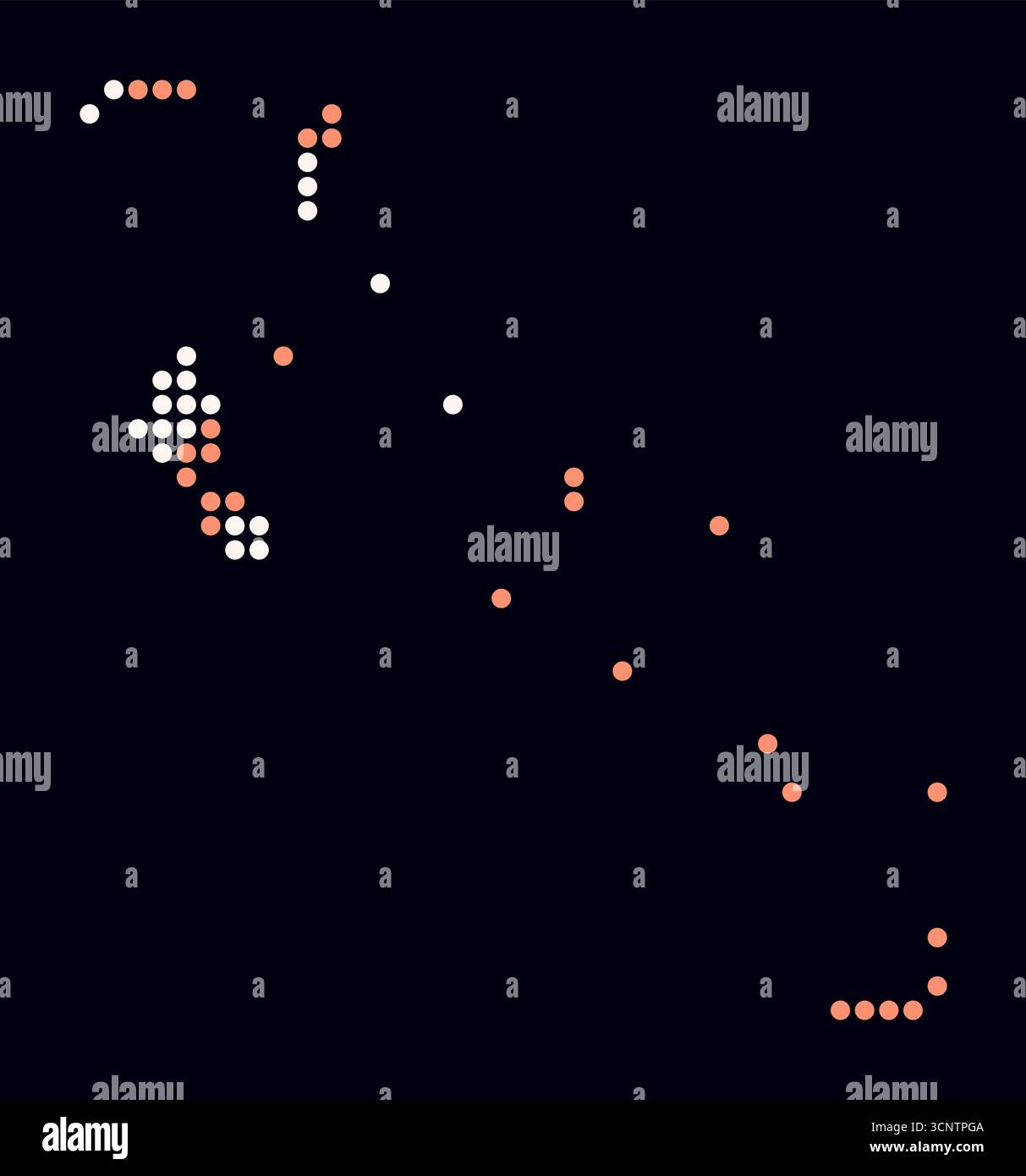 Mappa punteggiata delle Bahamas. Mappa digitale del paese su sfondo scuro. Forma delle Bahamas con punti circolari. Stile puntini colorati. Cerchi di grandi dimensioni. Illustrazione Vettoriale