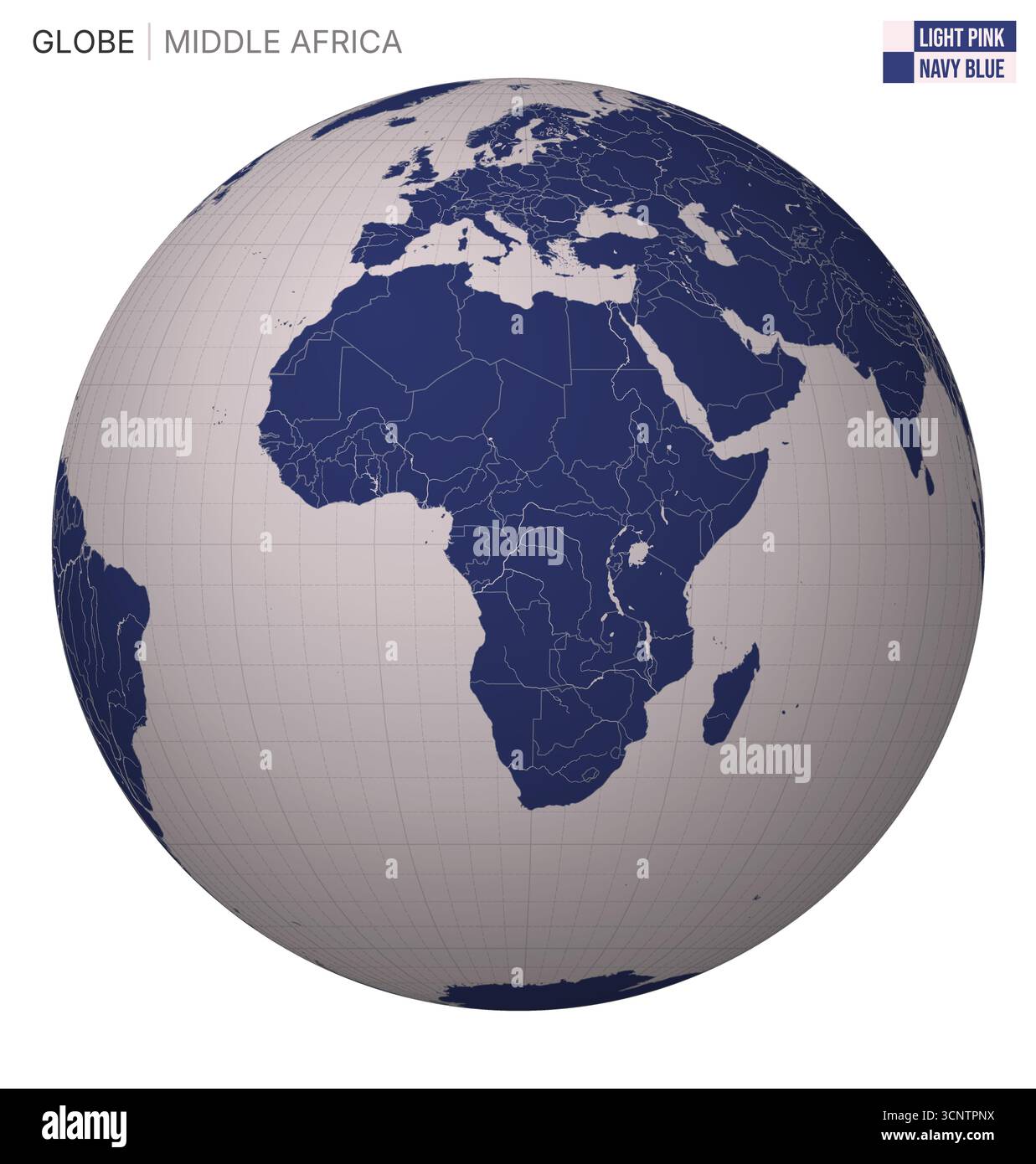 Il globo vettoriale è incentrato sul Medio Africa. Tavolozza rosa chiaro e blu navy. Mappa del mondo con meridiani, paralleli, paesi, fiumi e laghi. Illustrazione Vettoriale