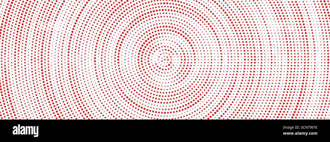 Sfondo concentrico con mezzitoni rossi. Texture sfumata radiale tratteggiata. Sfondo ondulato sonico ondulato. Sfondo del cerchio ruvido rasterizzato vettoriale per epicentro, target, segnale radar, vibrazione, concetto di vibrazione Illustrazione Vettoriale