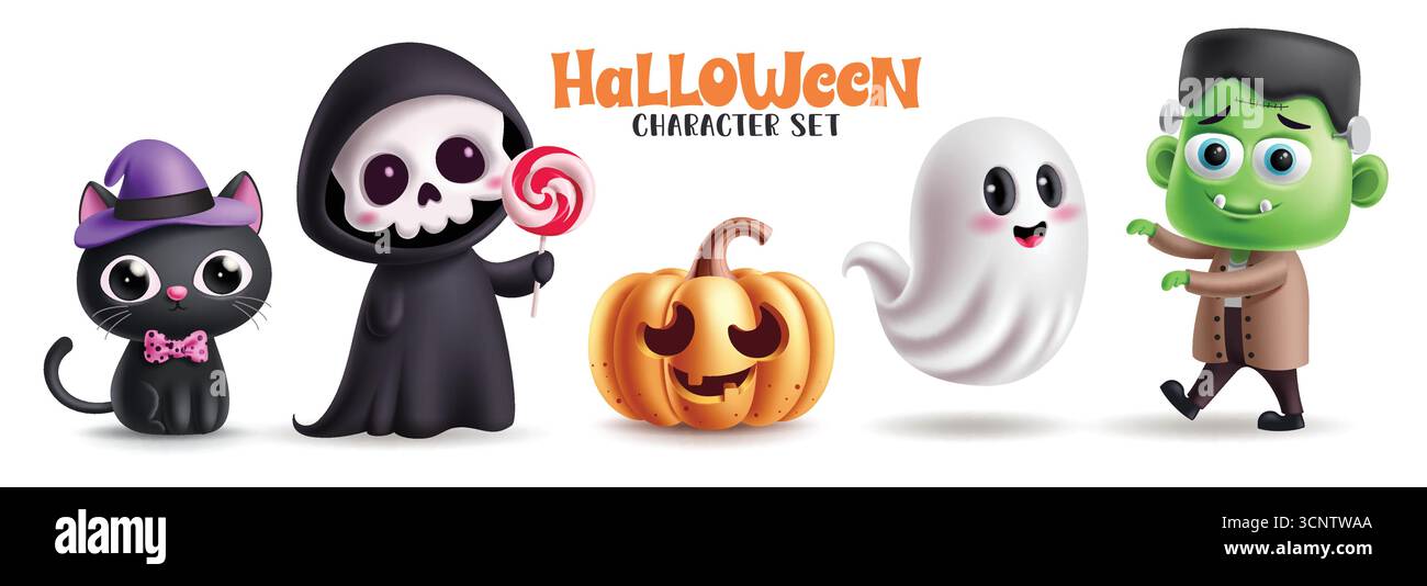 Set clipart dei personaggi di Halloween. Adorabili clip art dei personaggi di Halloween come Grim reaper, Monster, Ghost, Pumpkin e Cat per Halloween e trucchi o dolcetti Illustrazione Vettoriale