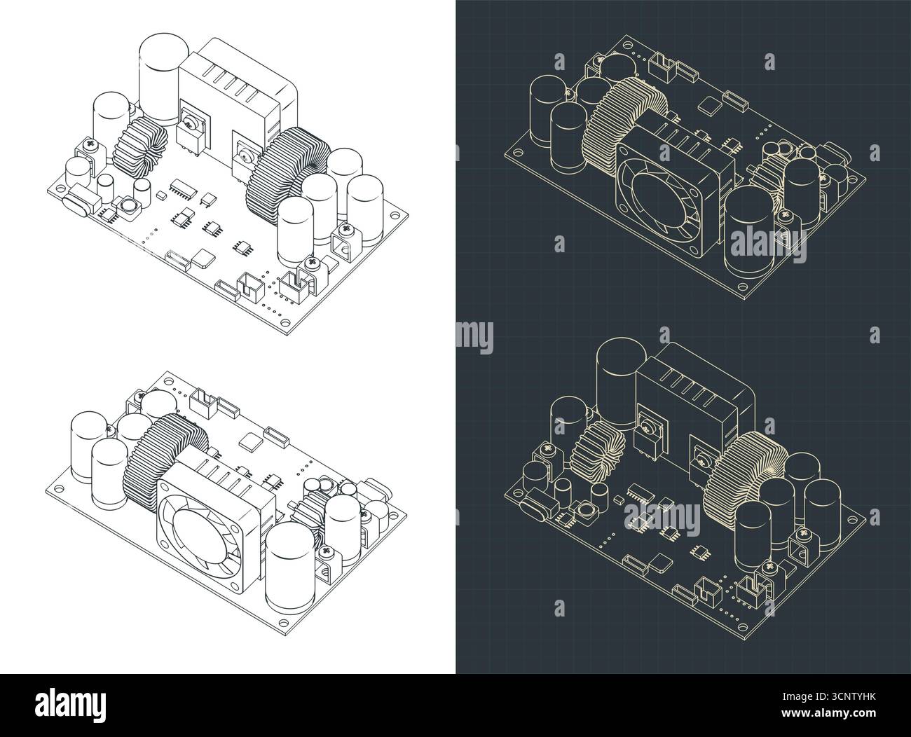 Modulo di alimentazione buck regolabile CNC DC regolatore di tensione disegni isometrici illustrazioni vettoriali stilizzate Illustrazione Vettoriale